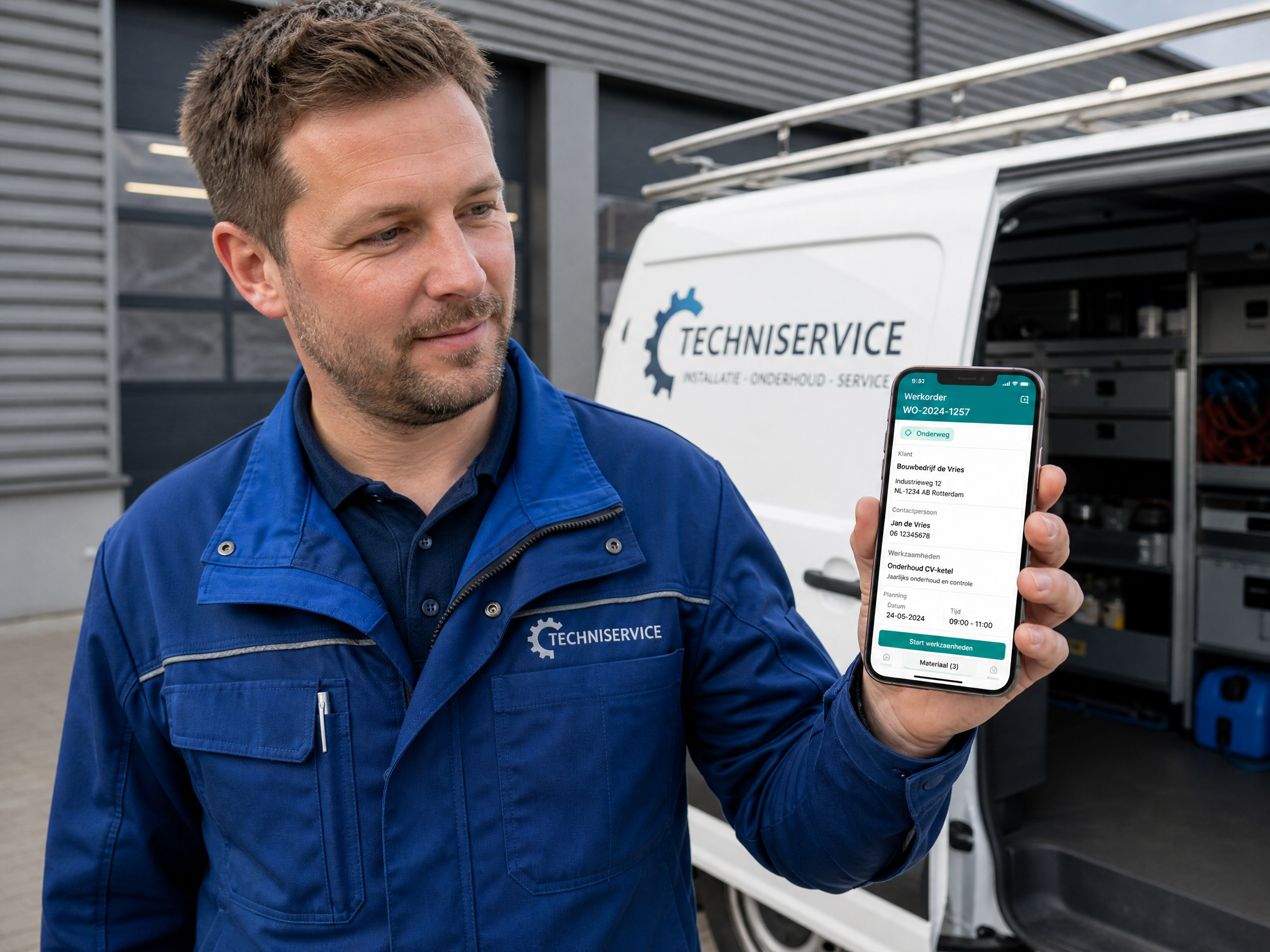 Monteur registreert werkzaamheden in de mobiele Field Service app