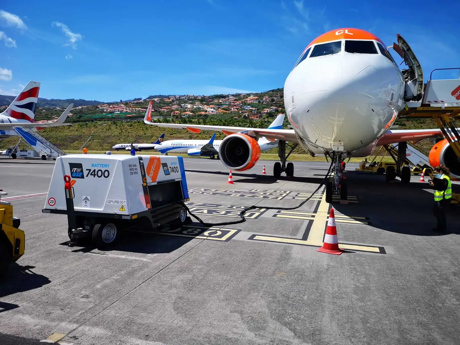 Battery Ground Power Unit van Aviation GSE aangesloten op een vliegtuig