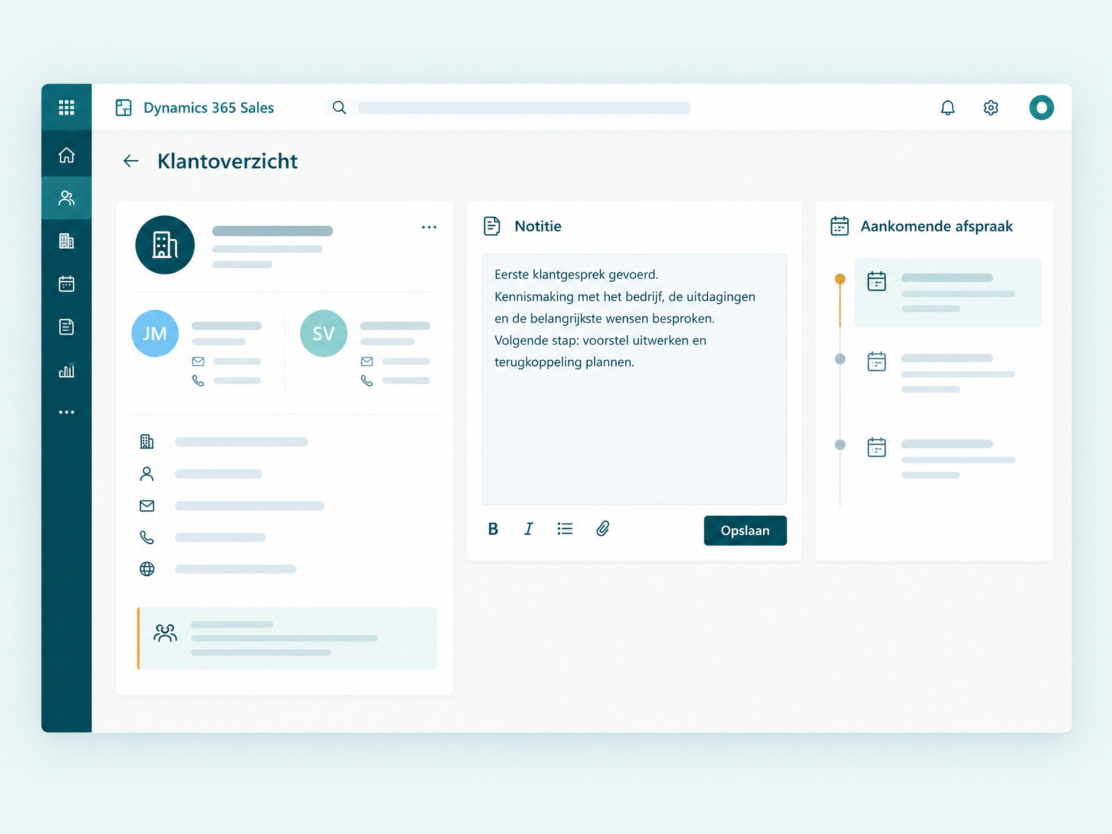 Illustratie van klantgegevens en gespreksnotities in een Dynamics 365 Sales CRM-overzicht