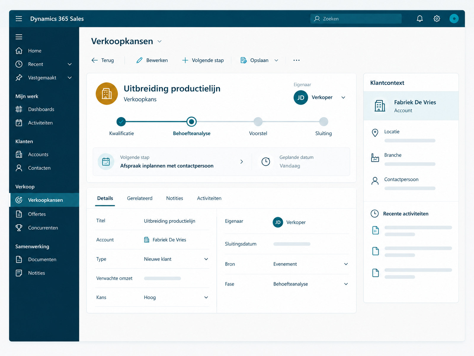 Illustratie van een verkoopkans met verkoopfase, eigenaar en vervolgstap in Dynamics 365 Sales