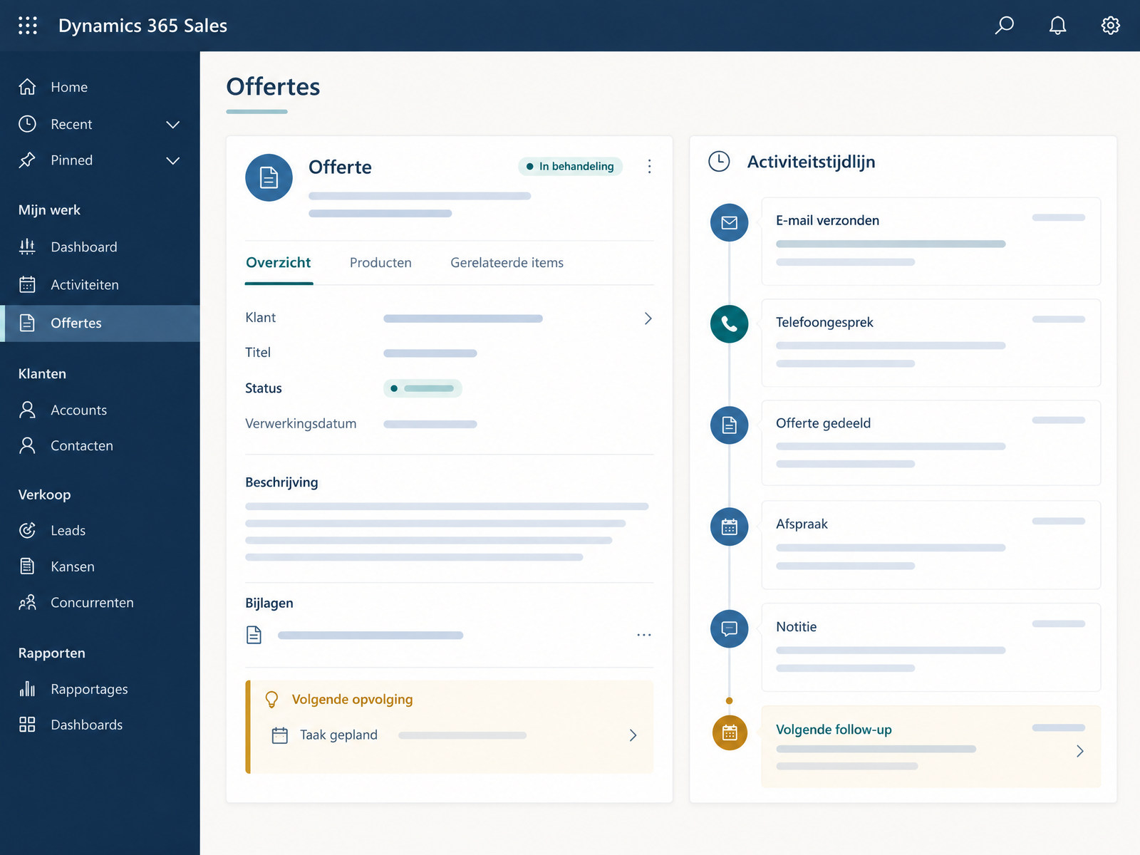 Illustratie van een offerte met tijdlijn van contactmomenten en opvolgtaak in Dynamics 365 Sales