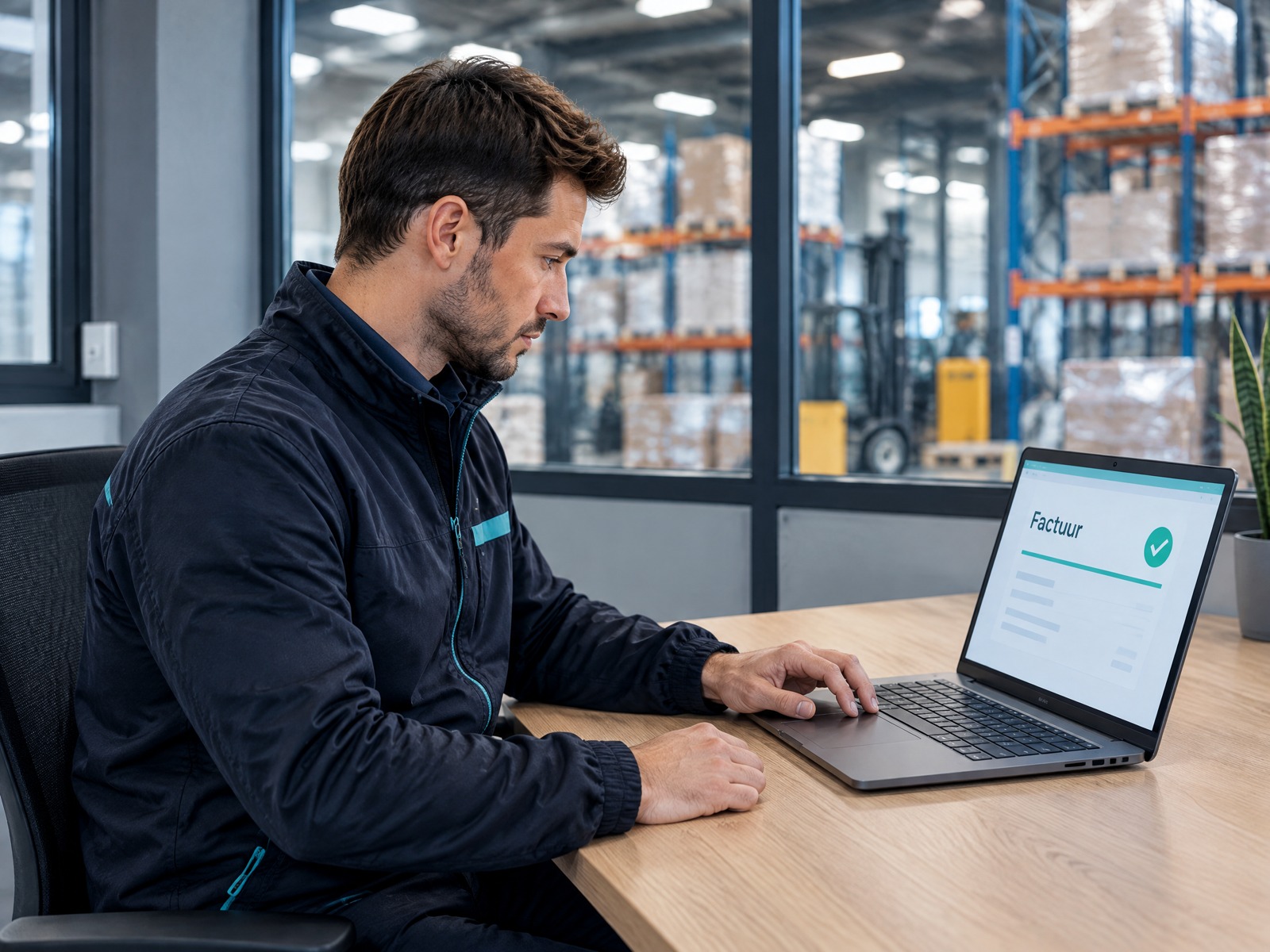Magazijnmedewerker verwerkt een geleverde order digitaal op een laptop