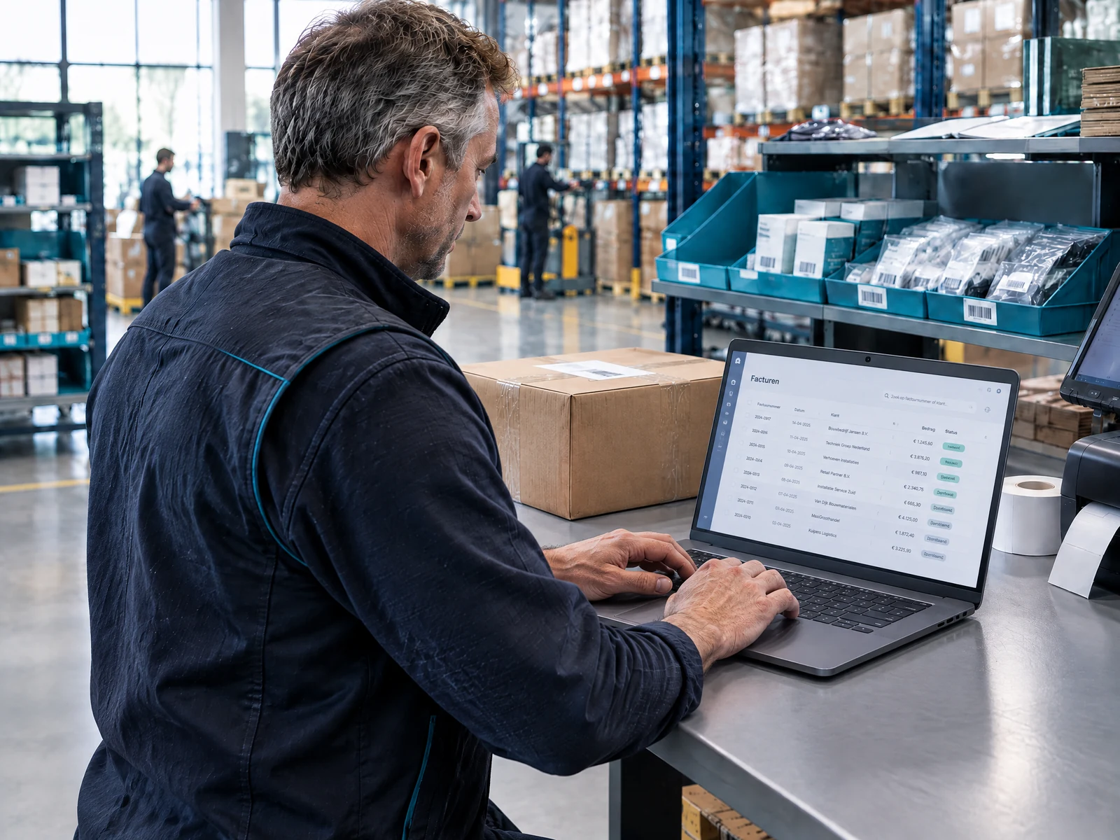 Magazijnmedewerker verwerkt een geleverde order digitaal op een laptop