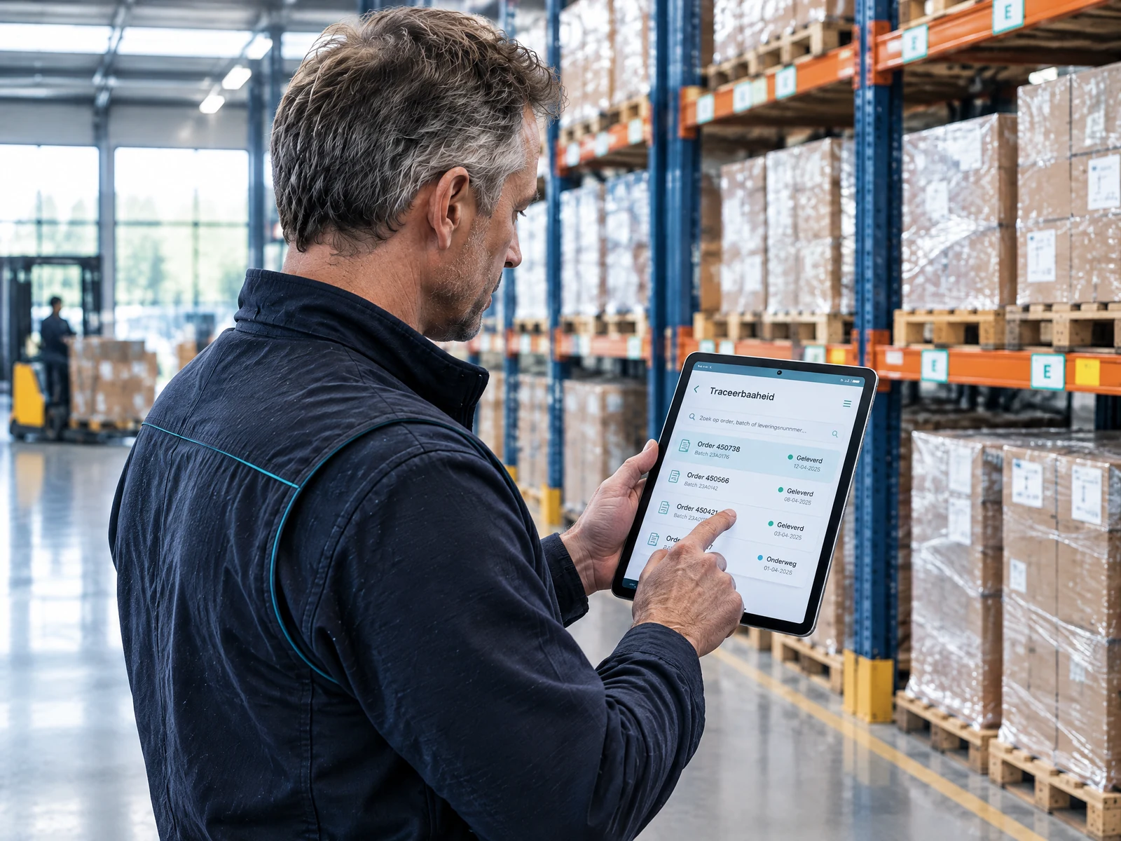 Magazijnmedewerker zoekt order- en batchgegevens op een iPad op