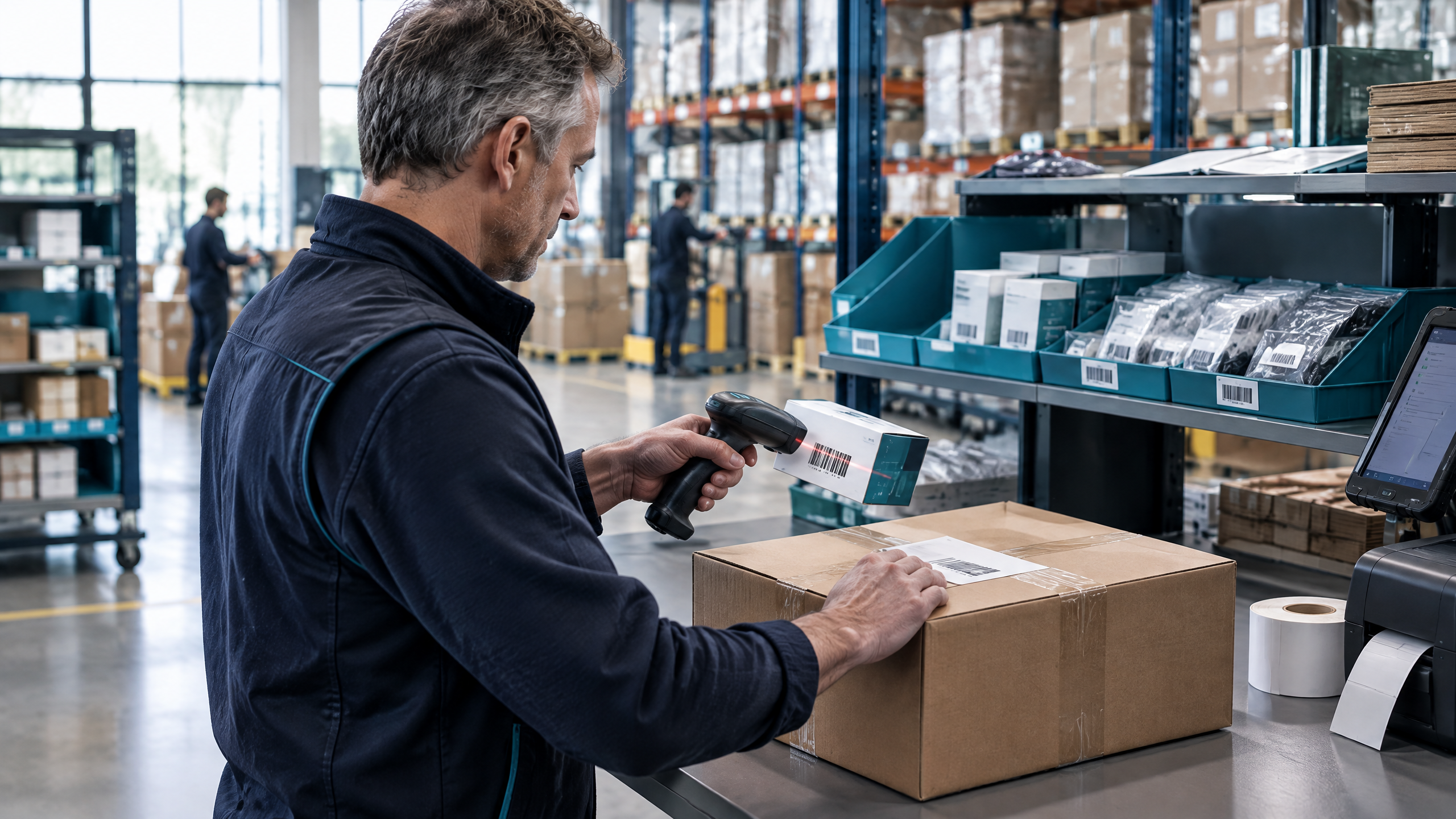 Magazijnmedewerker scant een product en labelt een pakket