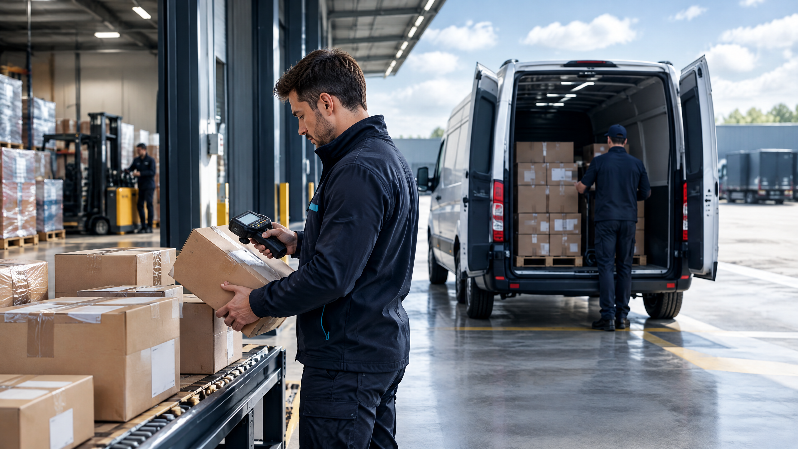 Magazijnmedewerker draagt gescande pakketten over aan een vervoerder