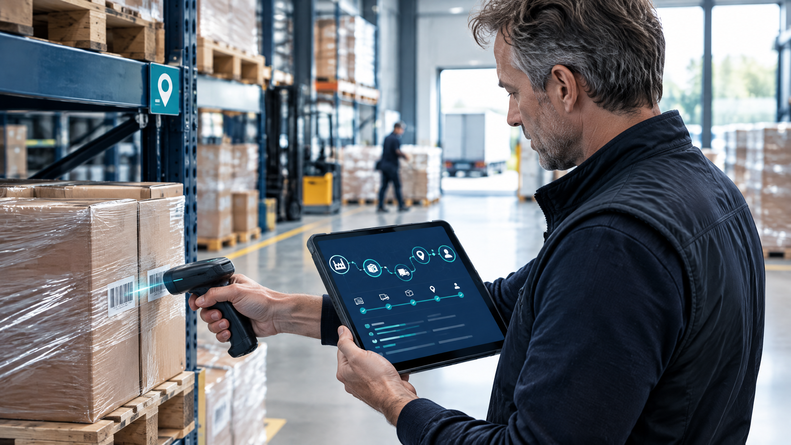 Magazijnmedewerker controleert de traceerbaarheid van een batch met scanner en tablet