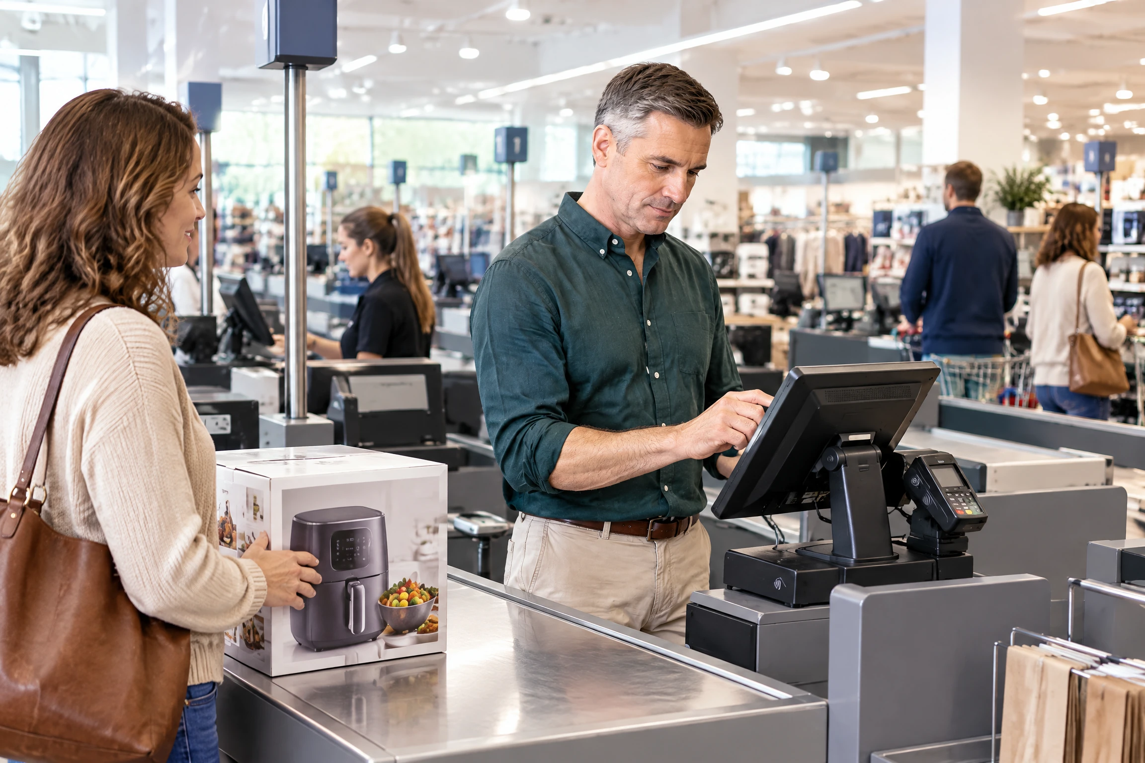 Winkelmanager verwerkt een verkoop bij een kassa in de ruime kassazone van een grote winkel