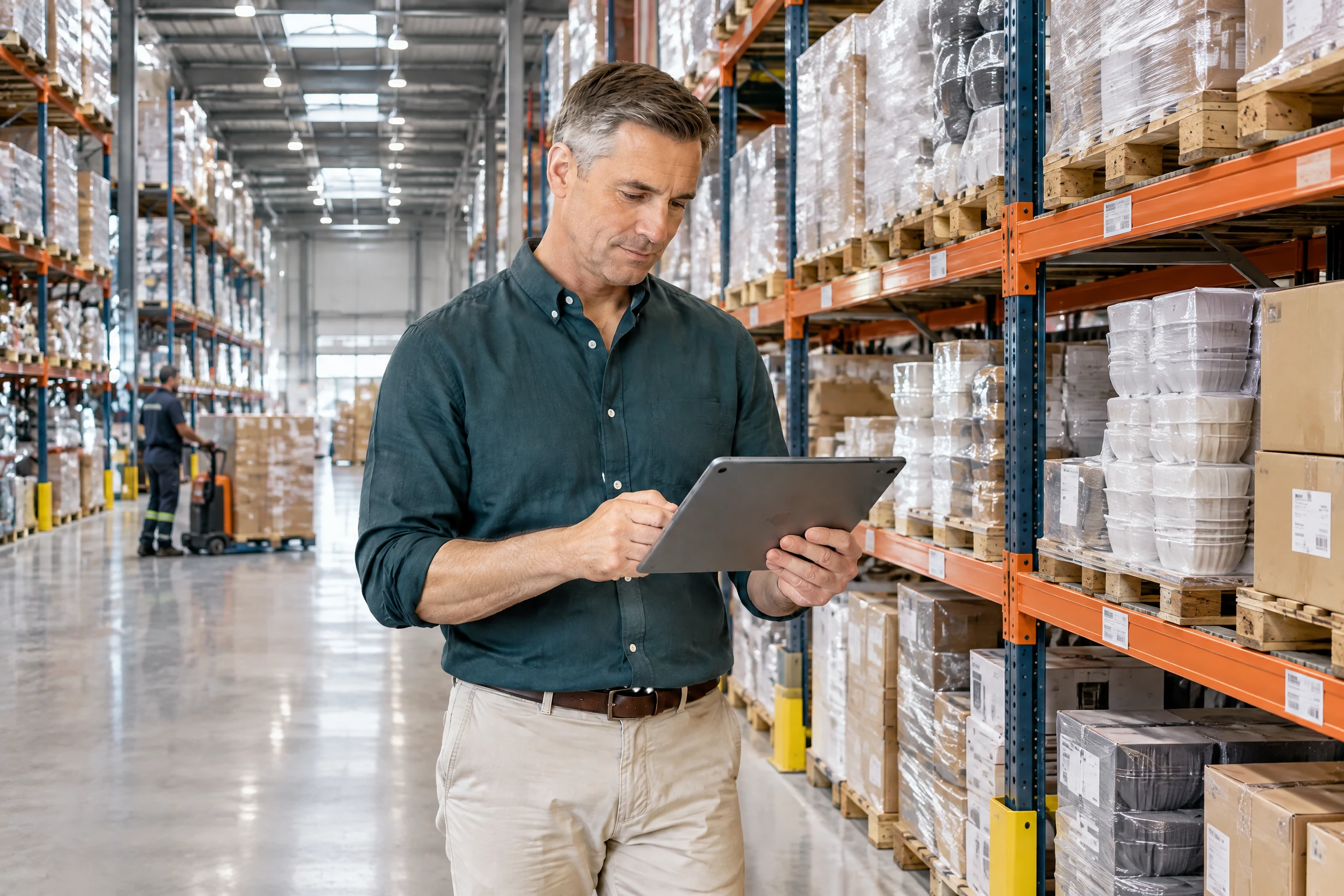 Winkelmanager bekijkt voorraadgegevens op een tablet in een centraal retaildistributiecentrum
