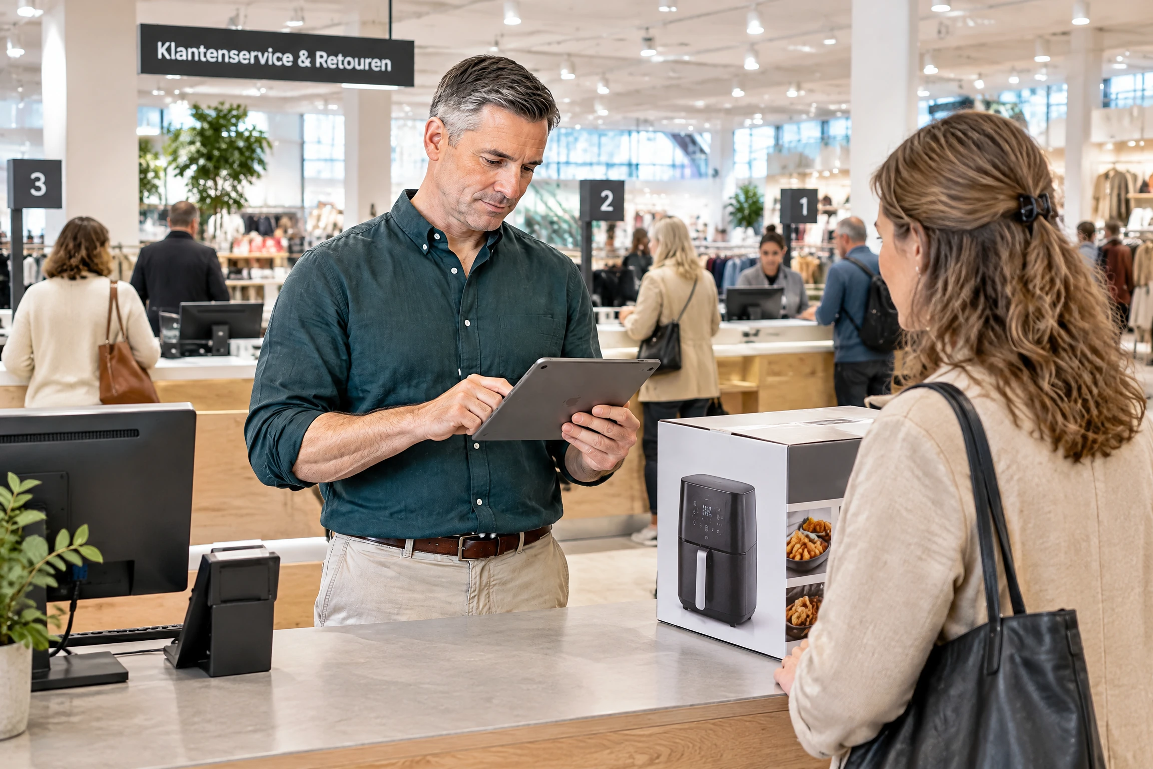 Winkelmanager zoekt de oorspronkelijke verkoop op een iPad op aan een groot retourservicepunt