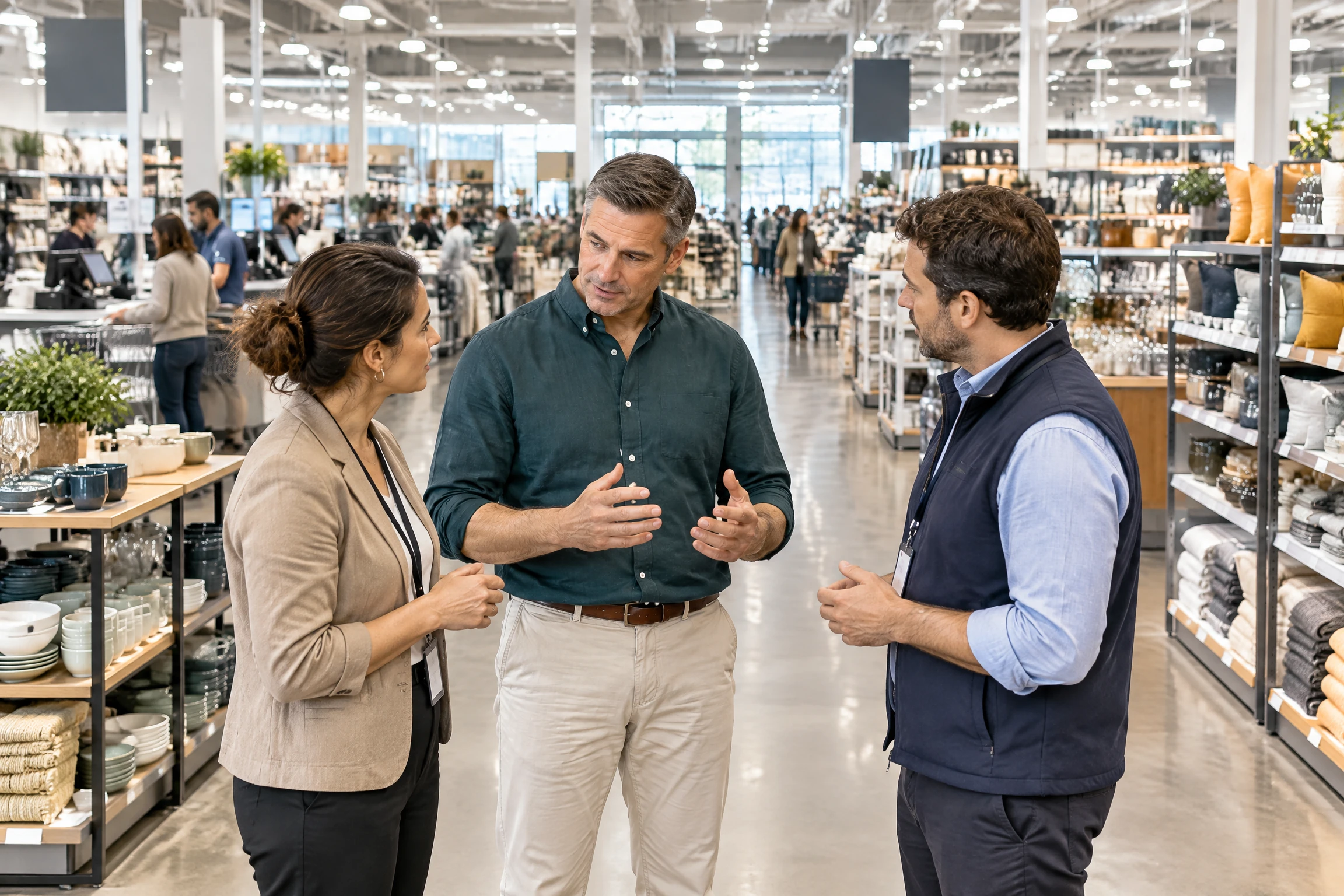 Winkelmanager overlegt met collega’s op de winkelvloer van een grote retailvestiging